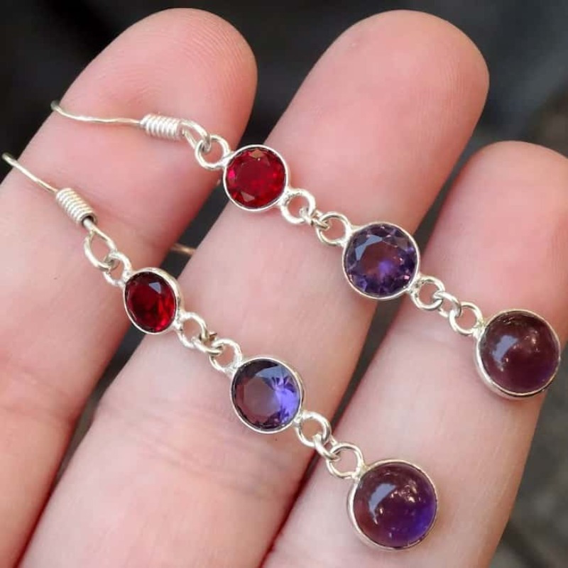 Artificial Amethyst & Red Garnet Long Water Droplet Earrings and Pendant Set